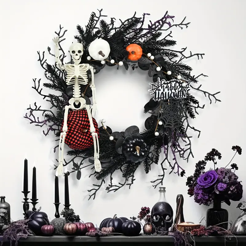 PMMJ 20 Inch Black Halloween Hanging Wreath with Skeleton, Skulls & Eucalyptus Leaves - Durable Plastic Gothic Wall Decor for Front Door, Porch, Window - Indoor/Outdoor Spooky Holiday Decoration, Halloween Decorations