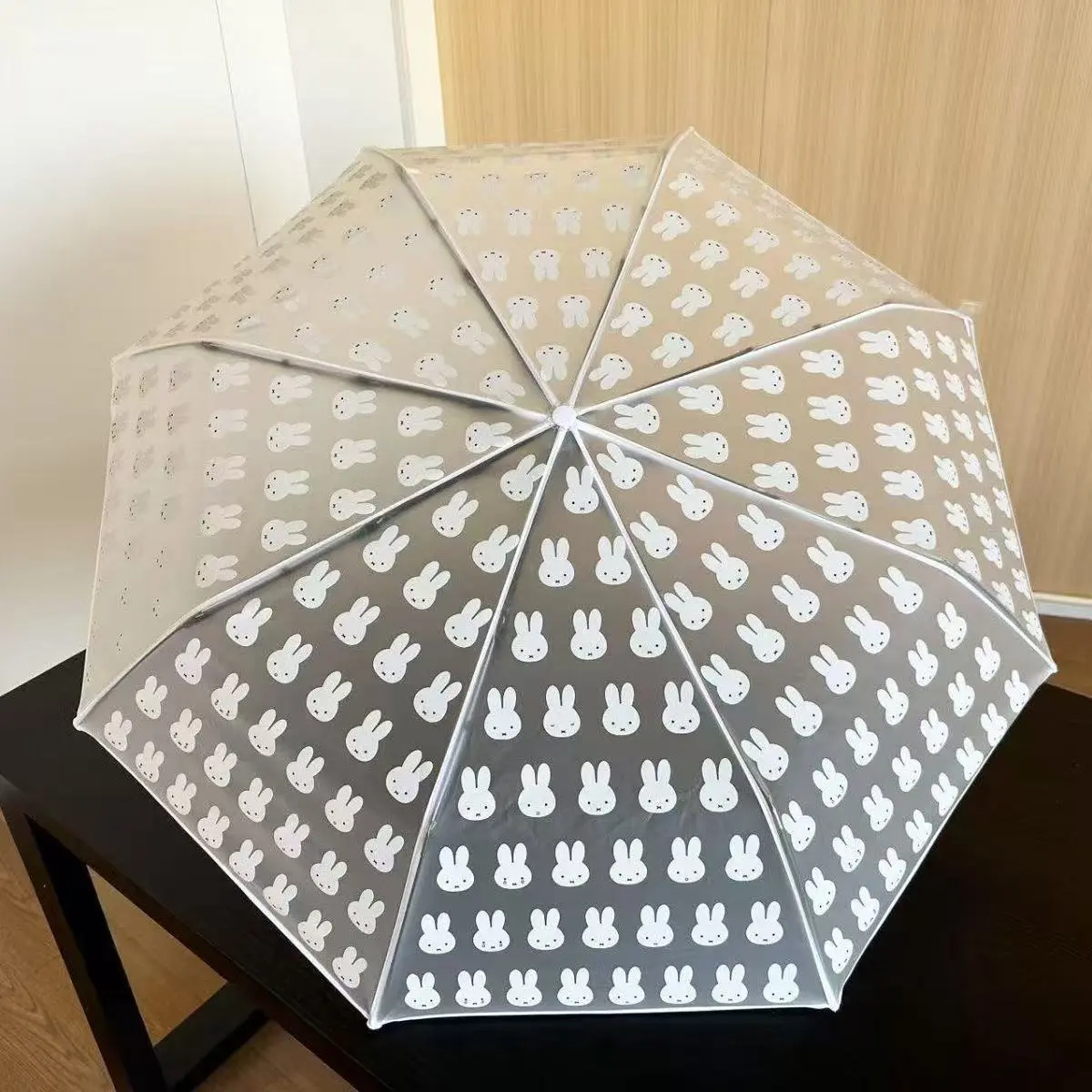 Glossy All-Weather Fresh & Transparent Umbrella with Cute Rabbit Design Fully Automatic Folding Cartoon Style for Everyday Use