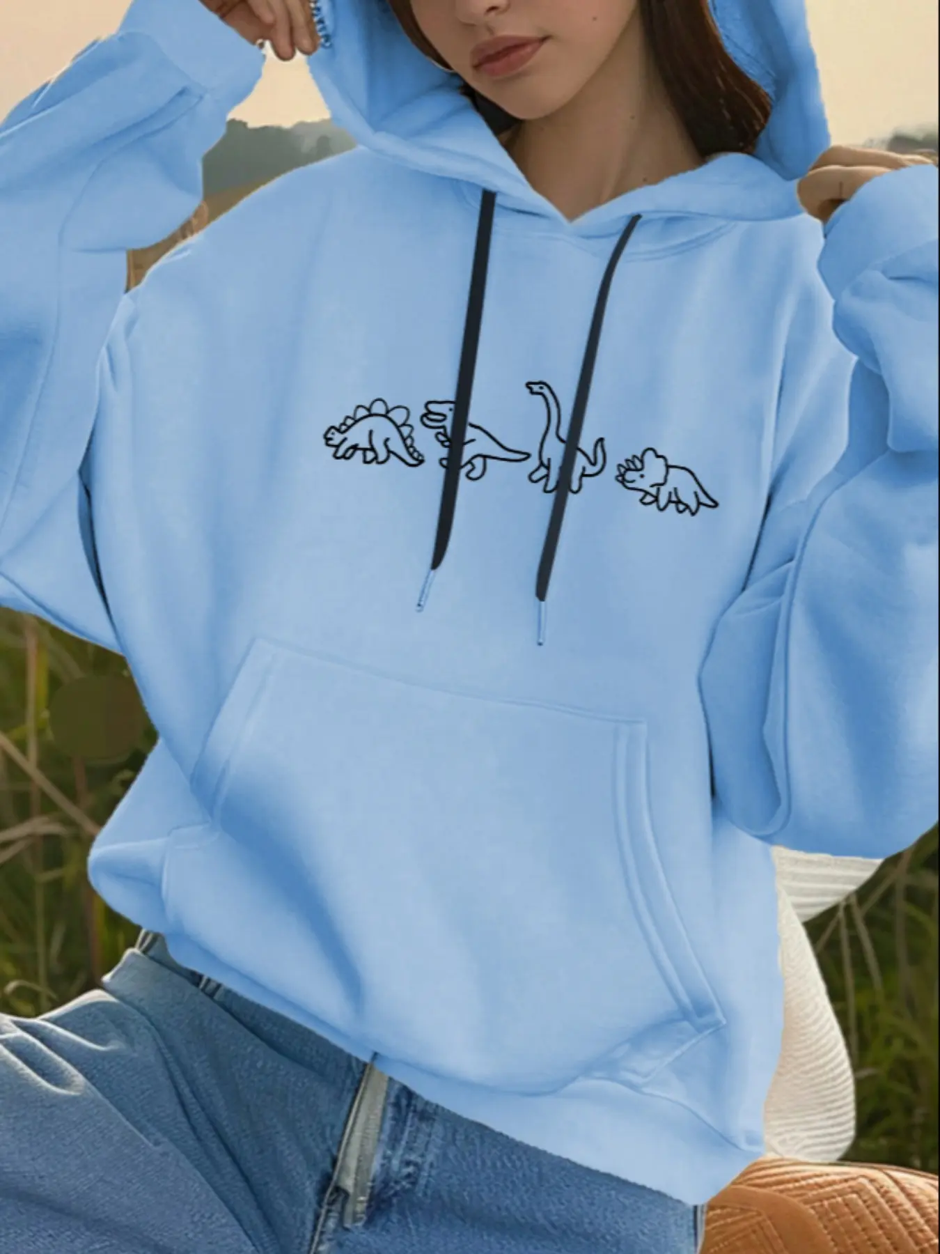 Cute Dinosaur Print Warm Casual Loose-Fitting Hooded Long Sleeve Sweatshirt Tops, Womenswear Lady, Cozy Kangaroo Pocket Design for Fall & Winter, Unisex Style