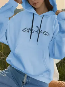 Cute Dinosaur Print Warm Casual Loose-Fitting Hooded Long Sleeve Sweatshirt Tops, Womenswear, Cozy Kangaroo Pocket Design for Fall & Winter, Unisex Style