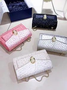 Women's Genuine Leather Ostrich Pattern Snake Head Chain Bag, Mini Square Shoulder Crossbody Bag, Elegant Small Handbag