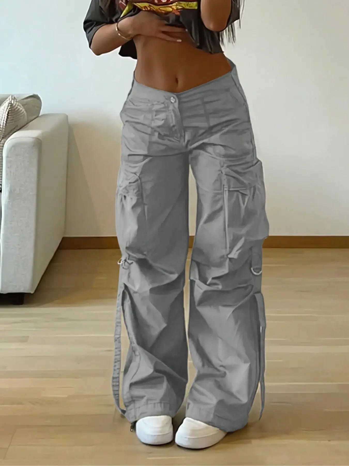Women's Millennium Street Style Cargo Pants Bottom, Loose Fit Baggy Wide Leg Lightweight Woven Trousers with Pockets and Tape Details, Casual Fashion