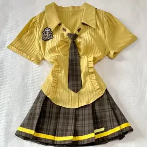 Y2K Women's Yellow Two Piece Skirt Set with Shirt and Tie - Retro Style Fashion Ensemble