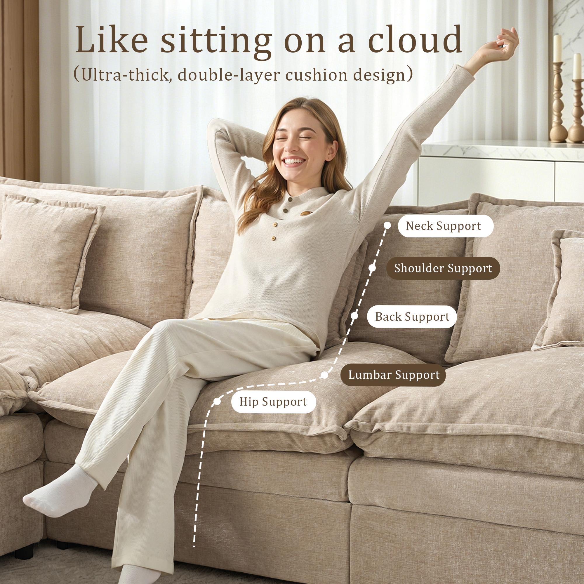 CAODOC 108" U-Shaped Modular Sectional Couch, Modern Camel Chenille Cloud Sofa with 2 Movable Ottomans, Fixed Arms, Deep Seat, Thick Cushions, Solid Wood Frame, Seats 5, Flexible Layout Sofas for Living Room