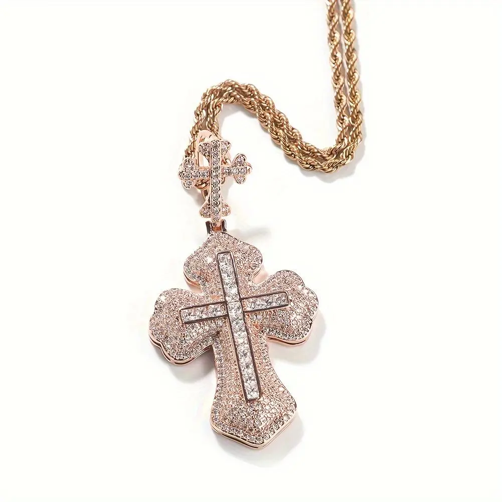 Fashion Luxury Full Zircon stainless steel Cross Pendant Necklace, Men's Synthetic Zircon Hip Hop Punk Trend, Perfect Gift for Party Music Festival, Best Accessories