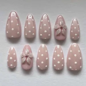 Soft Pink Polka Dot Nails, Cute 3D Flower Press On Nails, Pastel Pink Short Almond Nail Set, Sweet Girly Nail Design