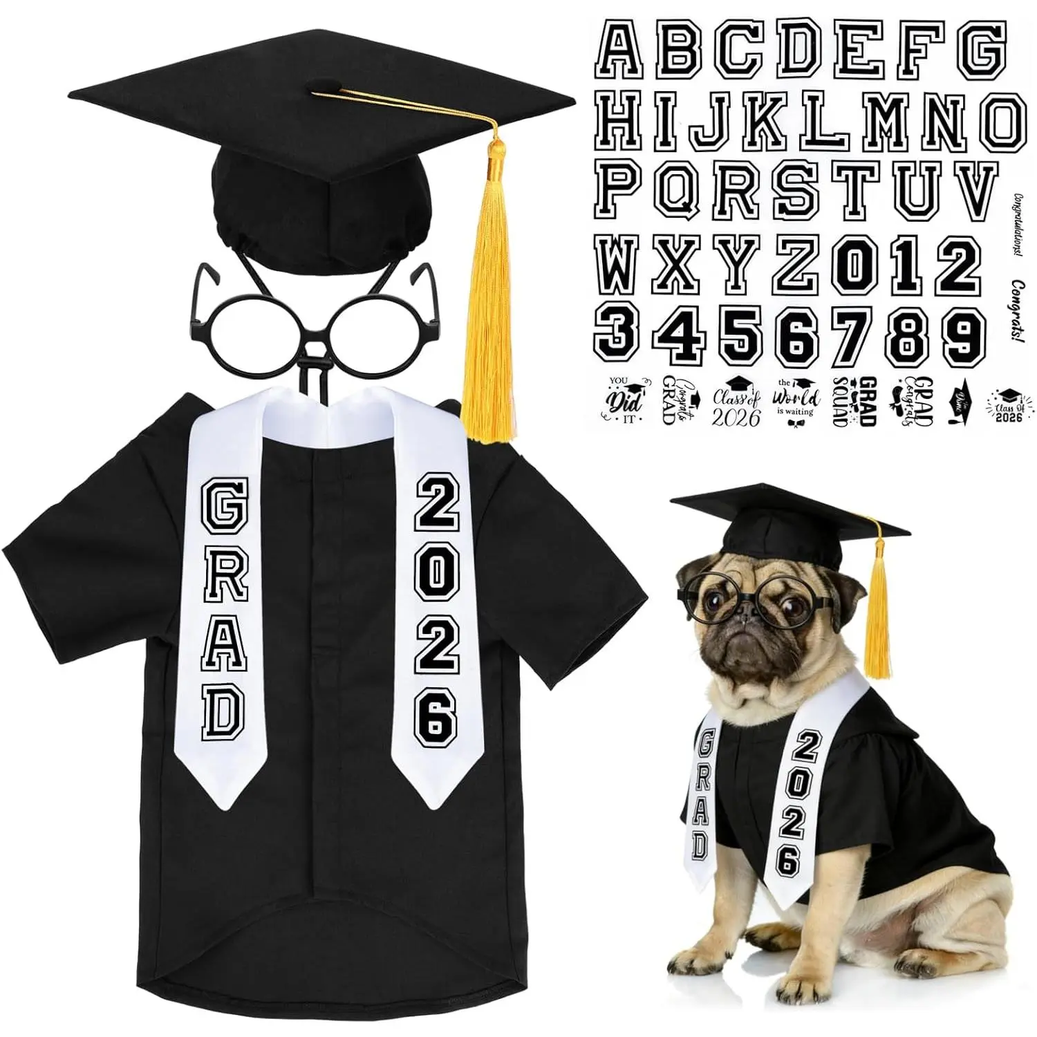 Medium/Large Dog & Cat Graduation Complete Kit (6 Pcs) – 2026 Academic Look Gown, Stole, Grad Cap, Lensless Glasses, DIY Letter Stickers for Photography, Holiday Costume Accessory (Black), 19.8Lb, 11.02" Sticker Fit
