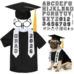 6 Pcs Dog Cat Graduation Cap and Gown Include 2026 Pet Graduation Gown Stole Puppy Grad Cap Lensless Glasses DIY Letter Stickers for Dogs Cats Holiday Costume Accessory (Black, Medium)