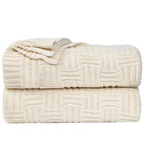 Unique Bargains 100% Cotton Cable Knit Throw Blanket,Soft Lightweight Lap Blanket,Textured Solid Sofa Throw Couch Cover Decors Knitted Blankets