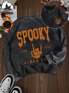 Women's Casual Vintage Wash Cotton Pullover Sweatshirt, Round Neck Long Sleeve Fleece Lined Hoodie for Fall Winter Halloween Fashion