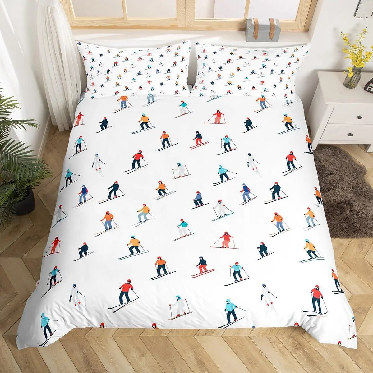 Skiing Duvet Cover Cartoon Ski Bedding Set Sports Theme Comforter Cover Extreme Sport Design Quilt Cover,Decoration Bedding Set (1 Duvet Cover ) White