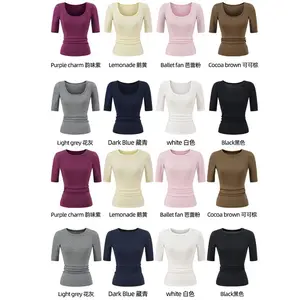 Crew neck medium sleeve retro basic knitted top women's slim five-quarter sleeve T-shirt U-neck Tencel bottoming shirt