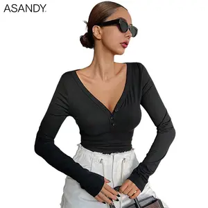 ASANDY V-neck Ribbed Button Crop Top | Y2K Aesthetic Bodycon Long Sleeve Shirt for Streetwear/Dating