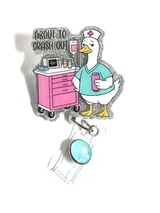 About to Crash Out Badge Reel, 2”, Retractable Swivel Alligator Clip, Funny, Medical