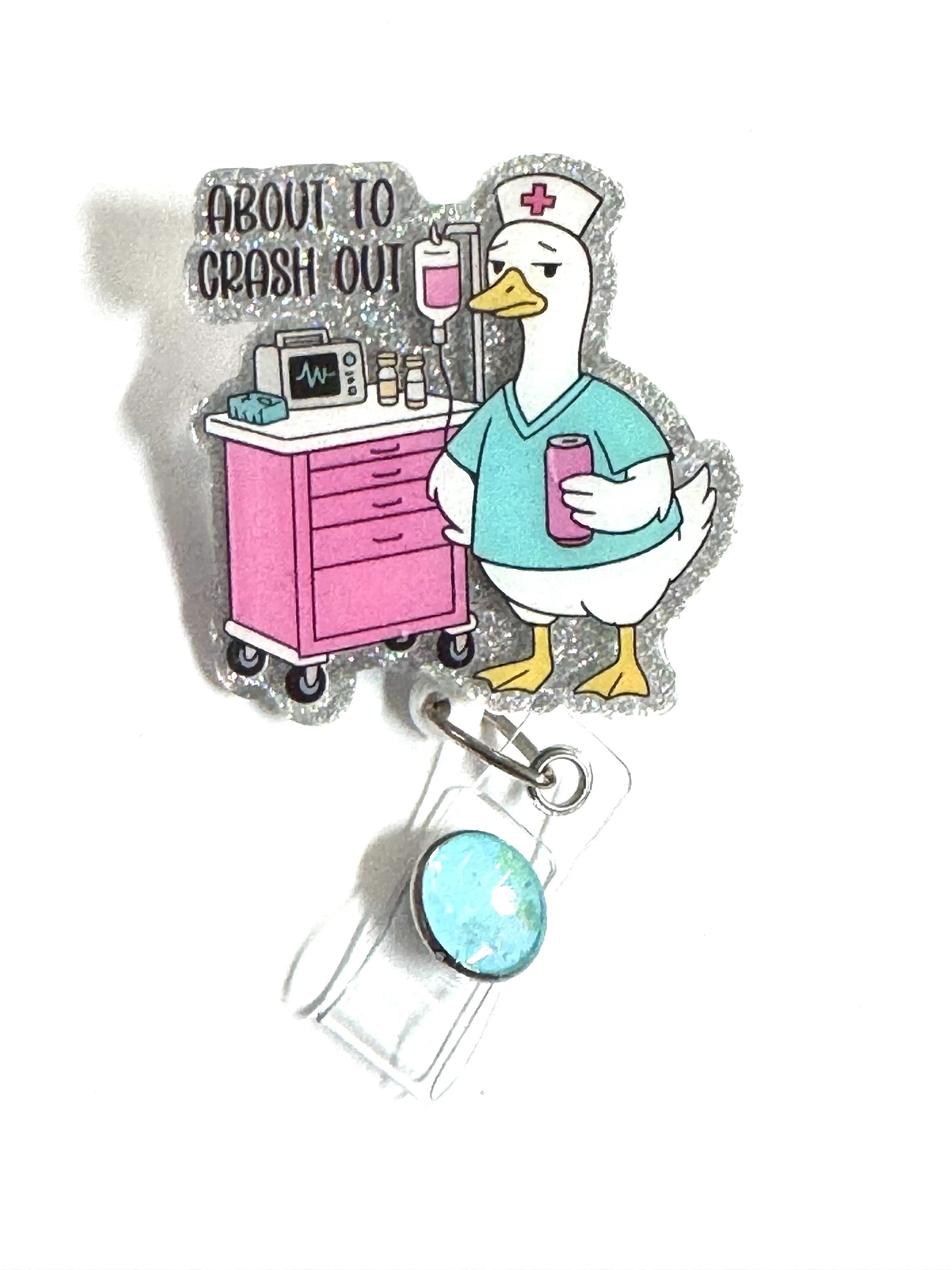 About to Crash Out Badge Reel, 2”, Retractable Swivel Alligator Clip, Funny, Medical