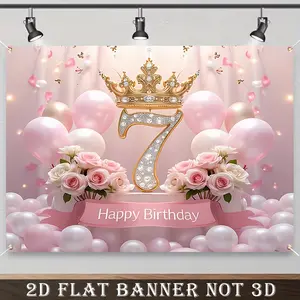 2D Flat Banner, 1pc Elegant 7th Birthday Party Backdrop, Pink and Golden Happy Birthday Polyester Banner, Balloons, and Floral Accents for Indoor Celebrations, Festive Parties, and Milestone Birthday Decorations, Birthday Party Decoration