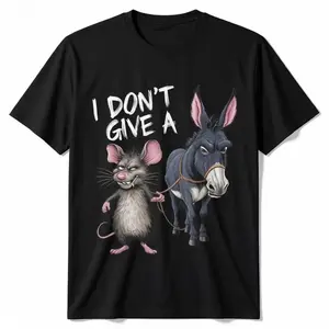 Funny "I Don't Care" Mouse and Donkey Graphic T-Shirt - 180g Cotton Vintage Loose Short Sleeve Crew Neck Casual T-Shirt, Machine Washable Humor Design BK-405