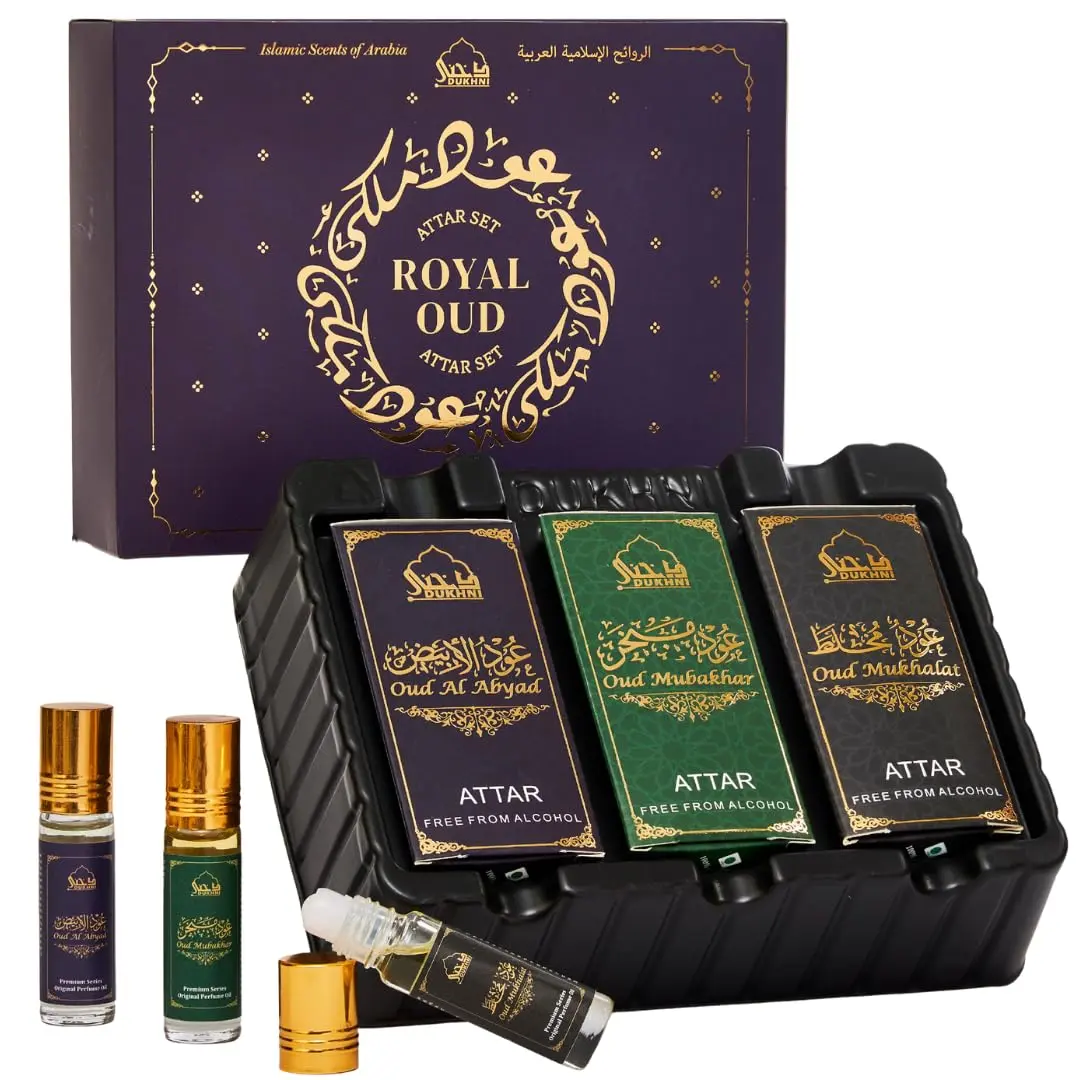 Dukhni Royal Oud Attar Oil Set | Pure original Oudh oil, Luxurious Islamic fragrances, Eid & Ramadan gifts for men and women | 3 assorted mini roll on perfume scents x 6ml | Arabic oudh oil, Unisex Arab perfumes