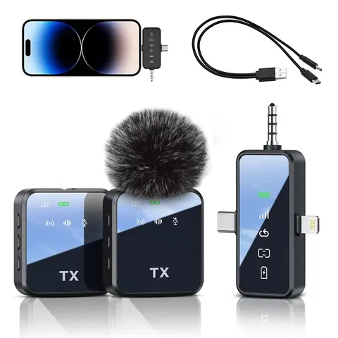 PQRQP 3 in 1 Microphone for iPhone/Android/Camera, Wireless Lavalier Microphone, 328ft Transmission, 18H Battery Life, Mini Microphone for Springtok
