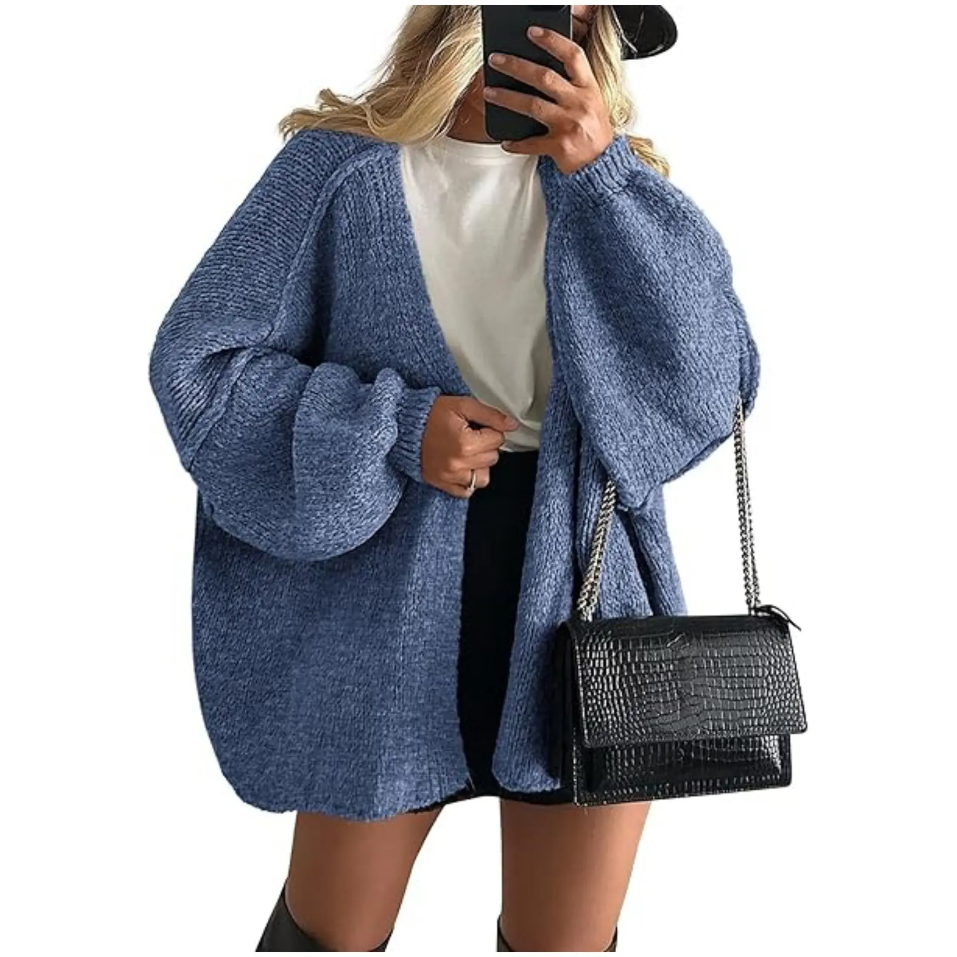 2026 new women's v neck sweater no buttons thick knit cardigan loose fit bubble sleeve design long length open front solid color casual coat soft warm comfortable suitable for daily wear versatile layering piece for fall winter spring