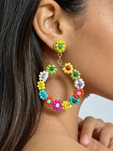 Colorful Beaded Flower Hoop Earrings, Bohemian Rainbow Flower Ear Cuffs, Handmade Bold Jewelry, Summer Beach Party Accessories