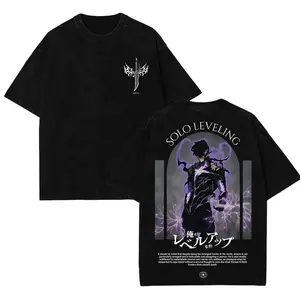 Men's Solo Leveling Casual Cotton Short-Sleeve T-Shirt - Sung Jin Woo Statue of God Double-Printed Oversize Lightweight Acid-Washed Top