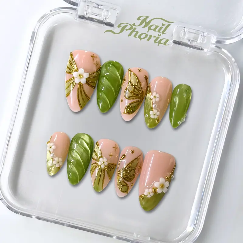NailPhoria MEADOW FLUTTER - Handmade Press-On Nails | Reusable, Salon-Quality, Long-Lasting, Glossy Design