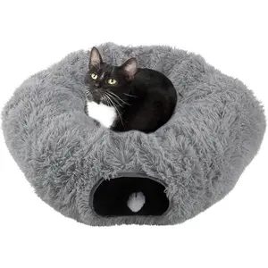 Cat Tunnel with Bed for Indoor Cats - 3FT Multifunctional Cat Tunnel Bed with Toys - Soft, Plush Peekaboo Cat Cave for Kittens, Cats, Ferrets, and Rabbits - Cat Products by PETMAKER (Gray)