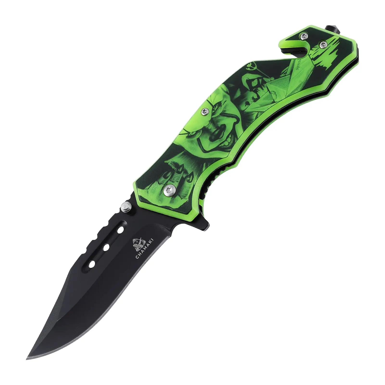CHAMAKI Rescue Pocket Knife – Manual Folding Knife Glow in the Dark Handle with Glass Breaker, Seatbelt Cutter, Stainless Steel Blade EDC for Emergency, Camping & Outdoor Use