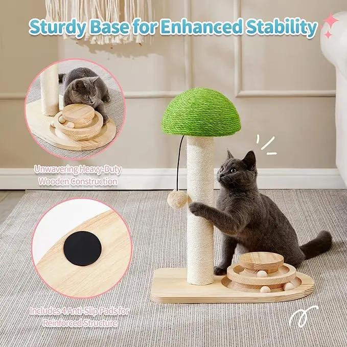Cute Mushroom Cat Scratching Post, Natural Sisal Cat Scratcher with Hanging Pom-Pom Ball, Cat Activity Toy for Indoor Kittens