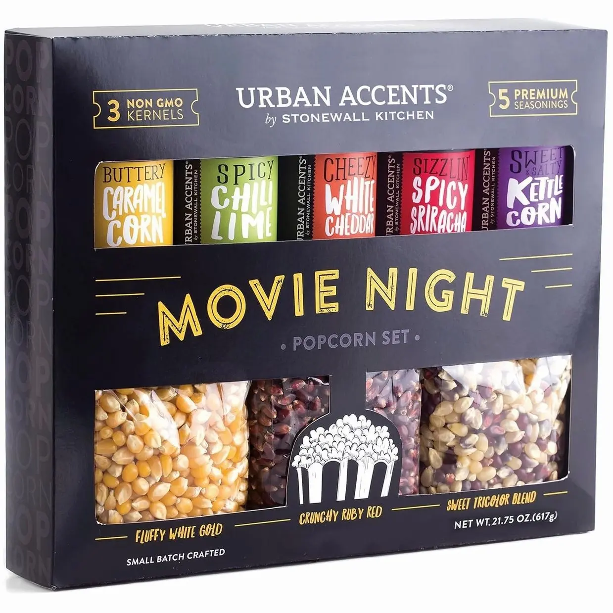 Urban Accents Movie Night Popcorn Gift Set – Includes 3 Gourmet Popcorn Kernel Varieties & 5 Flavorful Seasonings – Perfect Snack Gift Box for Parties, Holidays, or Movie Lovers