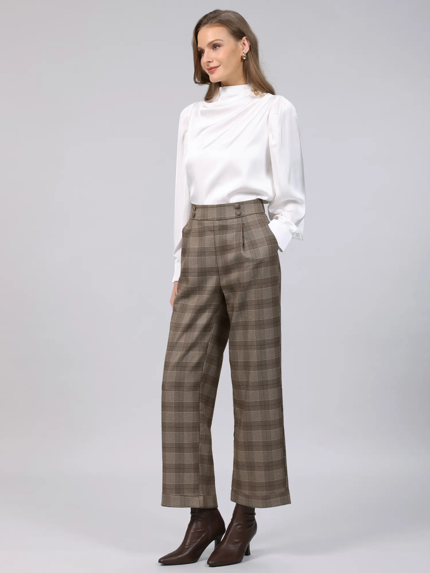 INSPIRE CHIC Women's Plaid Work Pant High Waist Houndstooth Wide Leg Straight Long Trousers
