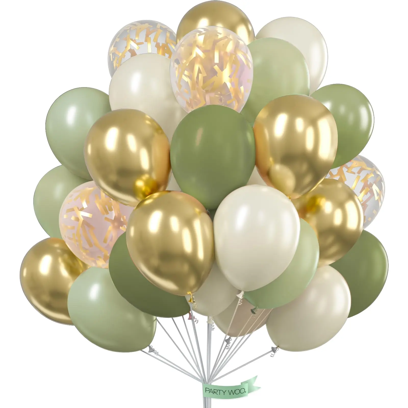 PartyWoo 12-Inch Round Sage Green Rubber Decorative Balloons (100pcs) - Retro, Floatable with Helium, Hand-Use Set w/ Metallic Gold, Sand White, Gold Confetti, Pump, Safe for Wedding, Balloon Arch Decoration, Garland Supplies