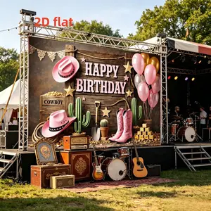 2D flat 1pc Western Cowboy Birthday Background Cloth, and Gold 'happy Birthday' Sign, Cactus, Boots, Balloons, Rustic Wooden Decor, Polyester, Multiple Sizes