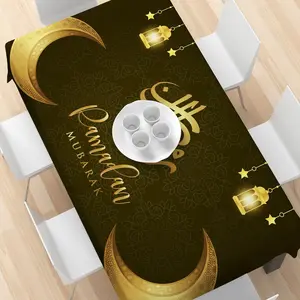 1 Pc Ramadan Tablecloth, Ramadan Theme Tablecloth, Eid al-Fitr Golden Lantern Vintage Pattern Washable Table Cover Holiday Kitchen Dining Table Decor For Home Party Decor