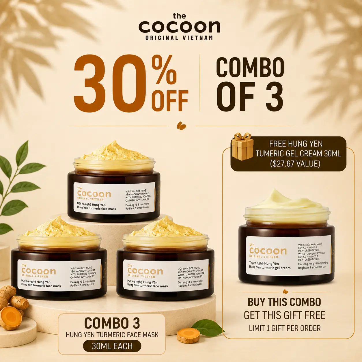 [Deal Supper Live 8.8] Cocoon Hung Yen Turmeric Face Mask - 100% Vegan Cosmetic Deep Moisturizing Mask Hydrating Firming Brightening
