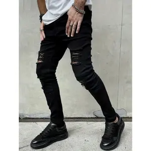 2024 New Trendy Slim Fit Men's Piercing Street Hip Hop Fashion Stretch Pencil Jeans Menswear Denim Pants Streetwear Cotton
