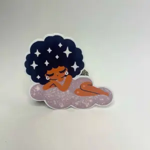 Starlit Nap Die Cut Sticker - Vinyl Waterproof & UV-Proof 3.5 x 3 in - Peaceful Character with Starry Afro Napping on Sparkly Cloud