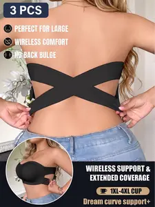 3PCS Plus Size Strapless Bra, Elegant Romantic Style, High Side Smooth Four-Button Back Design, Perfect for Daily Wear and Office, Confidence and Support