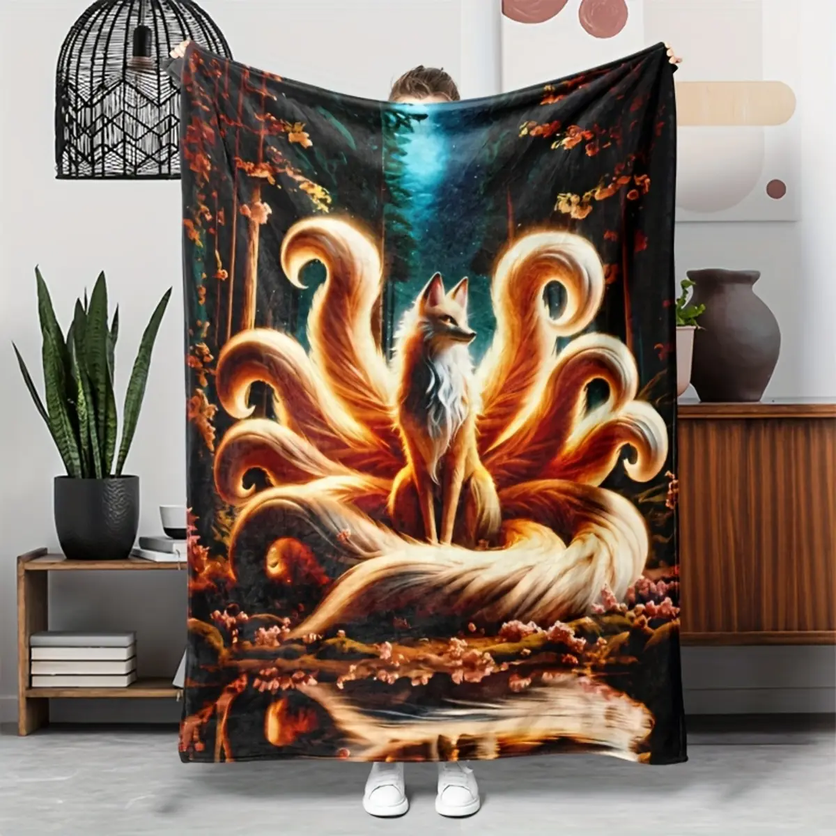 A fashionable nine-tailed fox printed flannel blanket - non-allergic, tear-resistant, all-season multi-purpose patchwork blanket - knitted polyester digital printed animal-themed blanket, suitable for naps, sofas, travel - a gift for friends and family