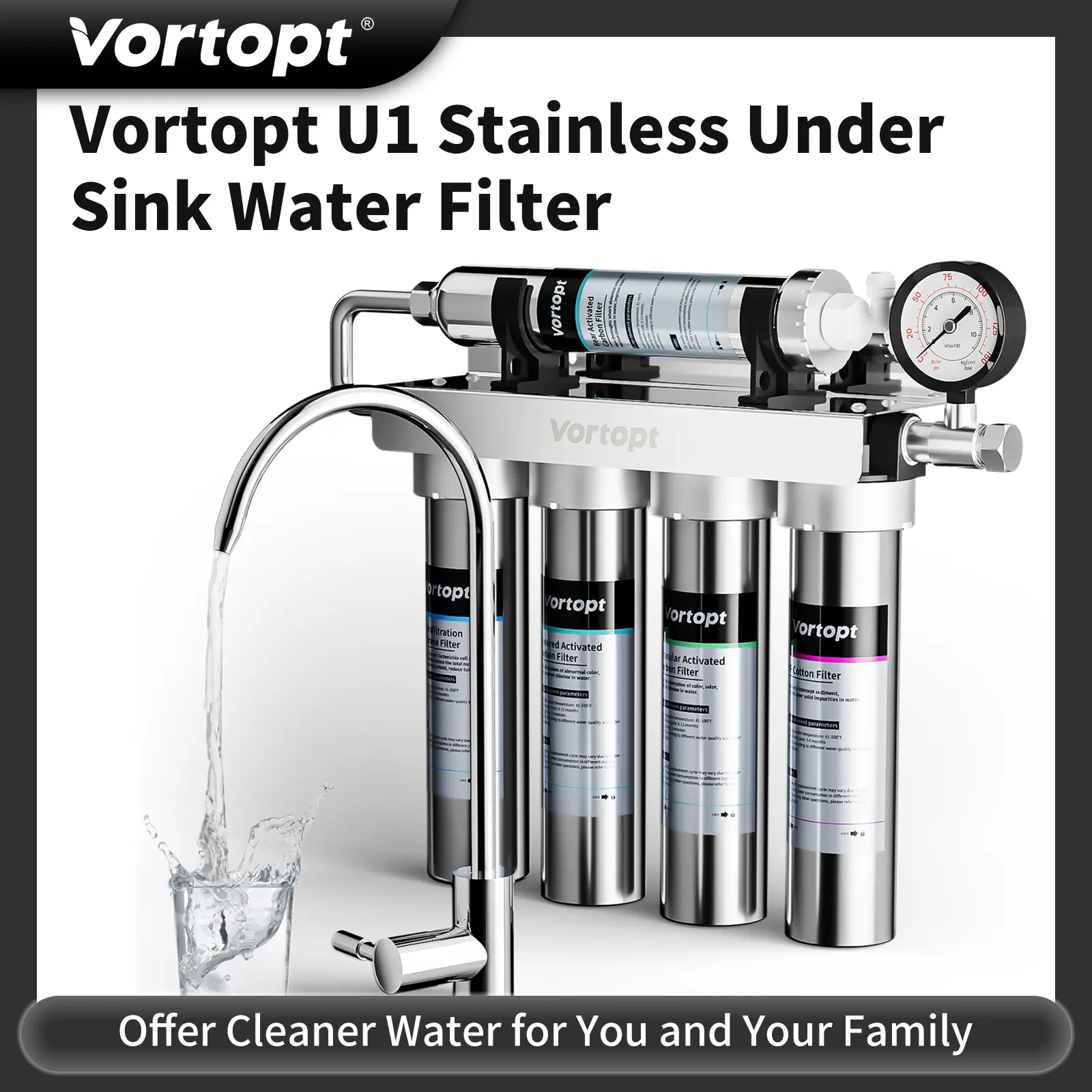 Vortopt Model U1 stainless steel ultrafiltration water purifier, 5-stage water filtration system, reduce heavy metals,bad taste and odors, real-time water pressure monitoring filtration
