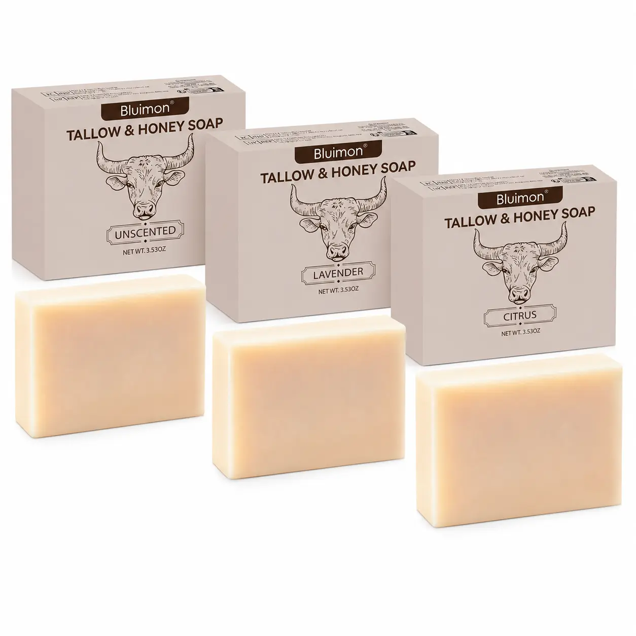Bluimon Grass-Fed Beef Tallow & Raw Honey Soap Bar for Face & Body - Deep Moisturizing Natural Handmade Soap for Dry Sensitive Skin, Unscented, Lavender & Citrus