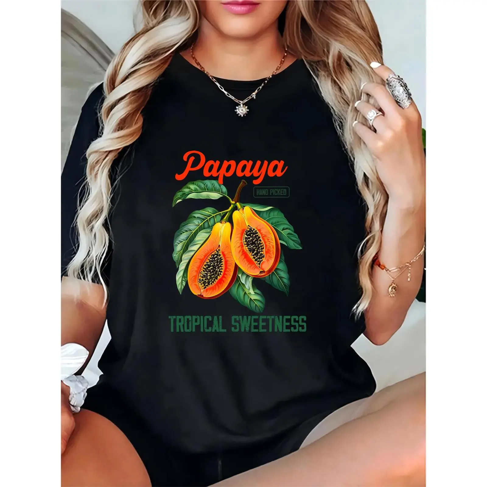 Women's Papaya Graphic T-Shirt, Comfortable 100% Cotton Casual Crewneck with a Breathable, Relaxed Fit for Summer Vacation, Clothes, Shortsleeve, Lady, Skirts, Round Neck, Top, Tops, Lightweight, Short Sleeve