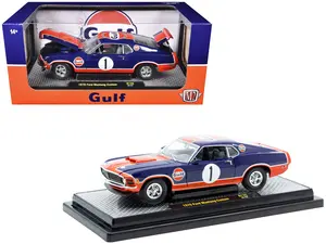 1970 Ford Mustang Custom #1 "Gulf Oil" Dark Blue with Orange Graphics Limited Edition 1/24 Diecast Model Car by M2 Machines