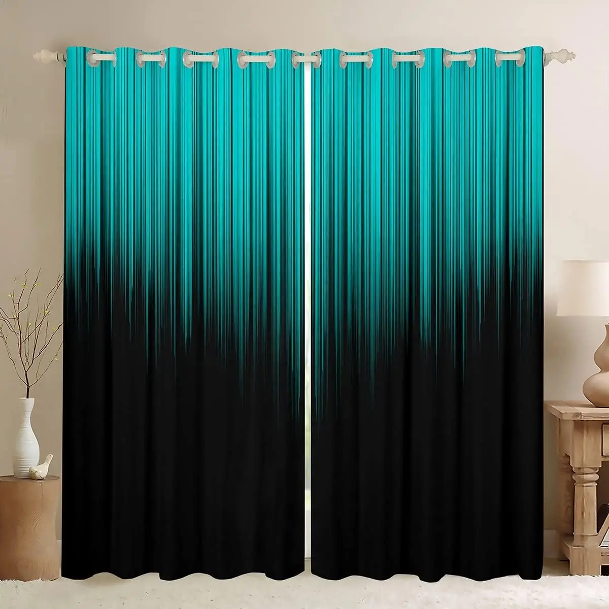 Feelyou Teal and Black Geometric Child-Friendly Blackout Privacy Grommet Curtains - Cool Tones Ombre Boho Pattern Drapes, Simple Gradient Window Treatments, 42W X 63L, 2 Panels, Child-Friendly Curtains, Blackout Privacy Curtains
