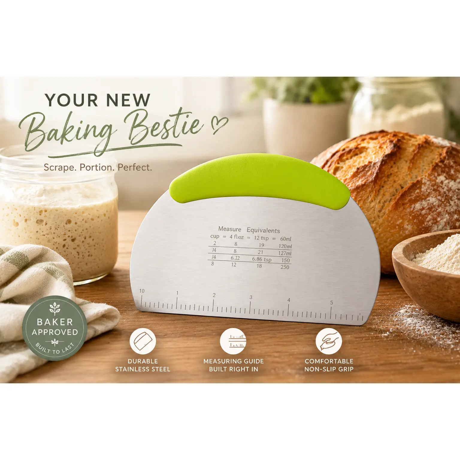 Stainless Steel Dough Scraper | Bench Scraper for Baking - Green Stainless Steel Dough Scraper | Bench Scraper for Baking - Green