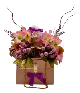 Tranquil Oasis Bouquet Gift Set with Ghirardelli Chocolates Organic Fizzing Bath Bomb & Yankee Candles Pink Sands Fresh Cut Roses Scented Flowers in Cute Pink Purse