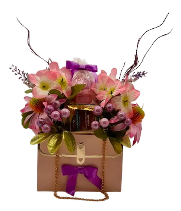 Tranquil Oasis Bouquet Gift Set with Ghirardelli Chocolates Organic Fizzing Bath Bomb & Yankee Candles Pink Sands Fresh Cut Roses Scented Flowers in Cute Pink Purse