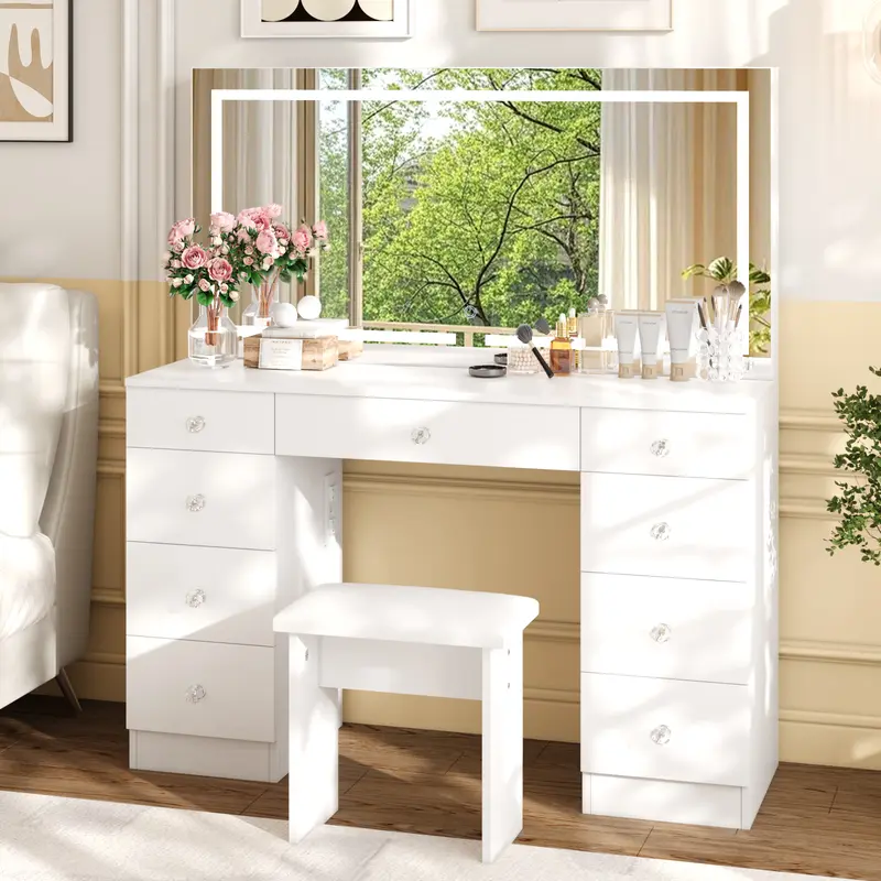 VOWNER 47'' W Makeup Vanity Desk with Lighted Mirror 9 Drawers Soft Cushioned Stool for Bedroom LED Lighting & Charging Station
