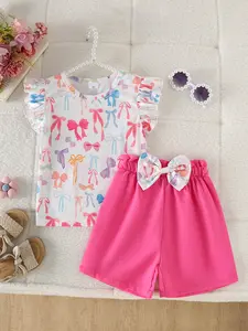 Summer Girls' Bow Print Short Sleeve Round Neck T-Shirt + Pleated Ruffle Shorts Set, Cute Butterfly Design, Two-Piece